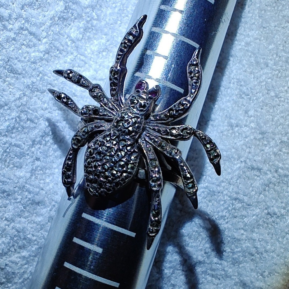 RARE Spider Ring Marcasite Vintage 80s Goth Red Eyes Sterling 925 Size 6.5